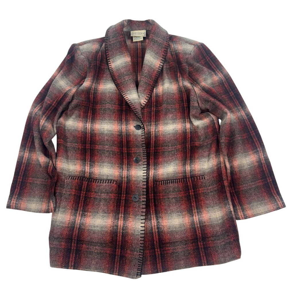 Arizona Jean Company Plaid Wool Blend Blazer Jacket Red Grey Whipstitch Medium